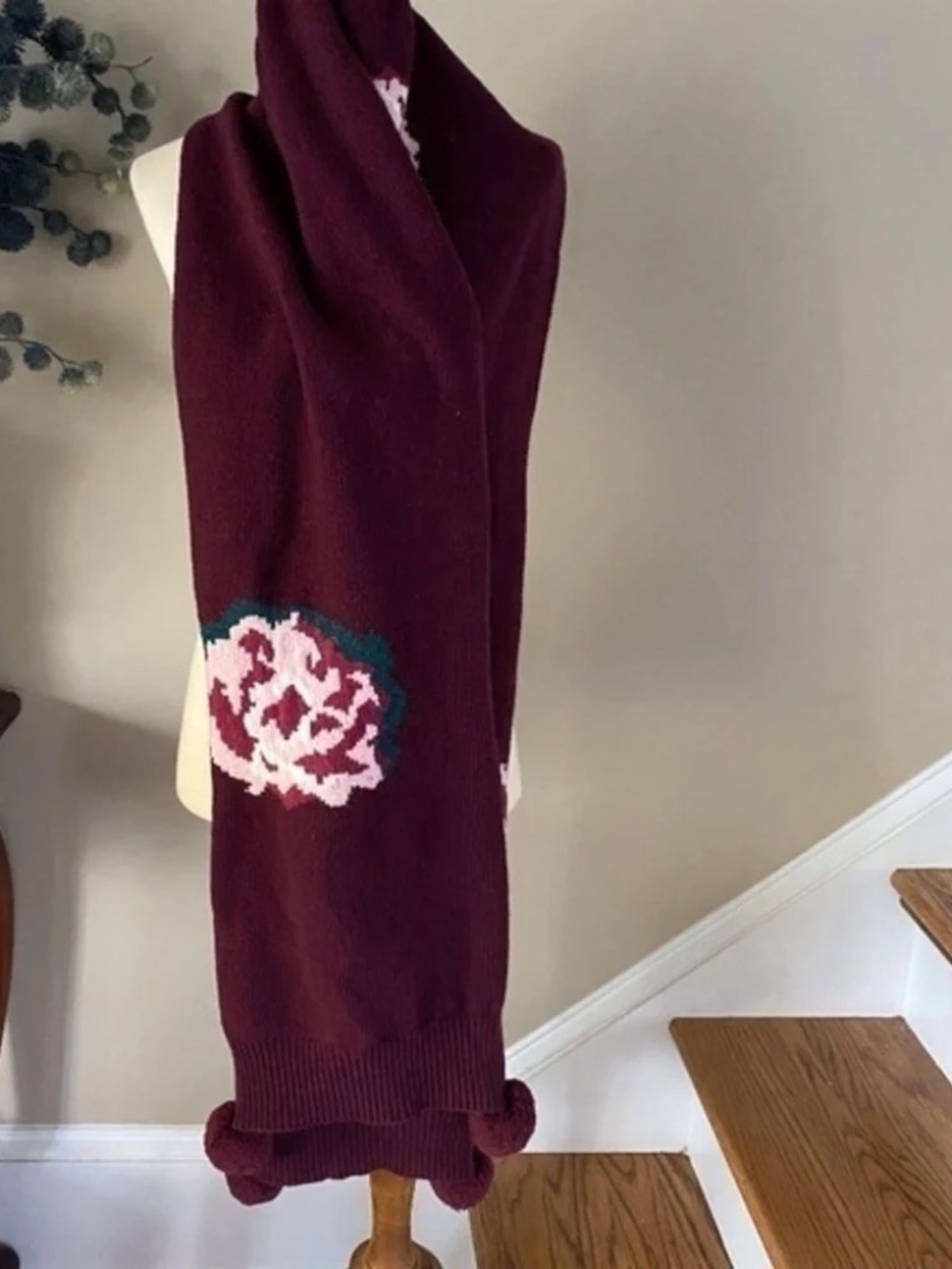 Anthropologie Wine Burgundy Knit Flower Embroidered Pom Scarf - Picture 2 of 7